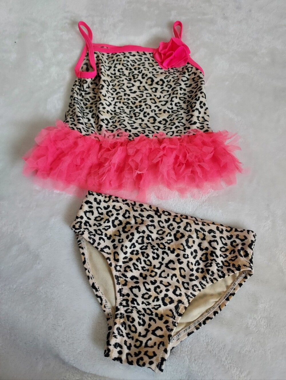Flapdoodles Two Piece Frilly Cheetah Bating Suit 24mo Vacation Pool Beach Party